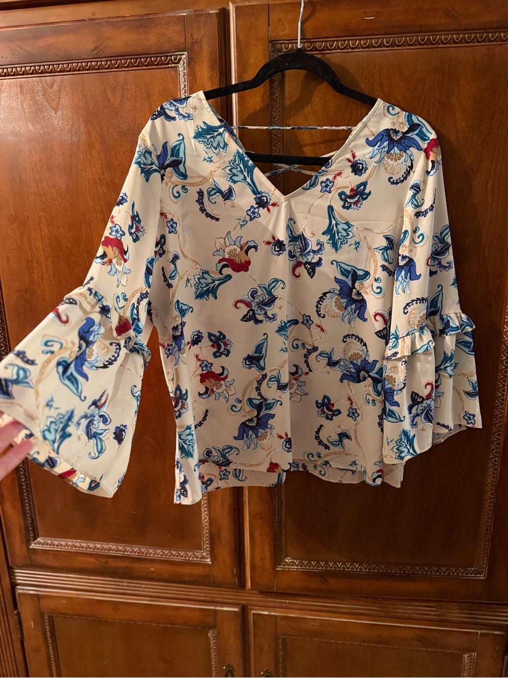 White House Black Market Cream Blouse with Blue & Red Floral Print
